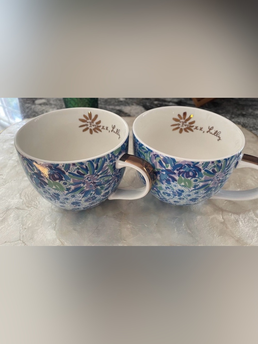 Lilly Pulitzer Blue, Green & Purple Tropical Floral Mugs with Gold Trim (Pair)